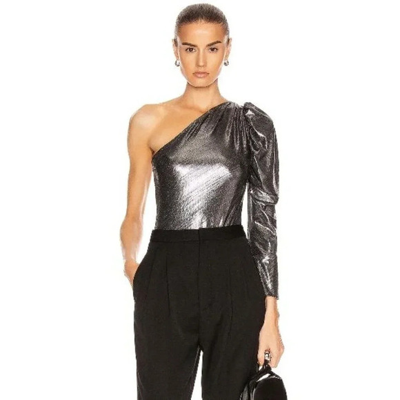 ALIX NYC Dakota Lamé One-Shoulder Silver Metallic Bodysuit-sz Small - Picture 2 of 15